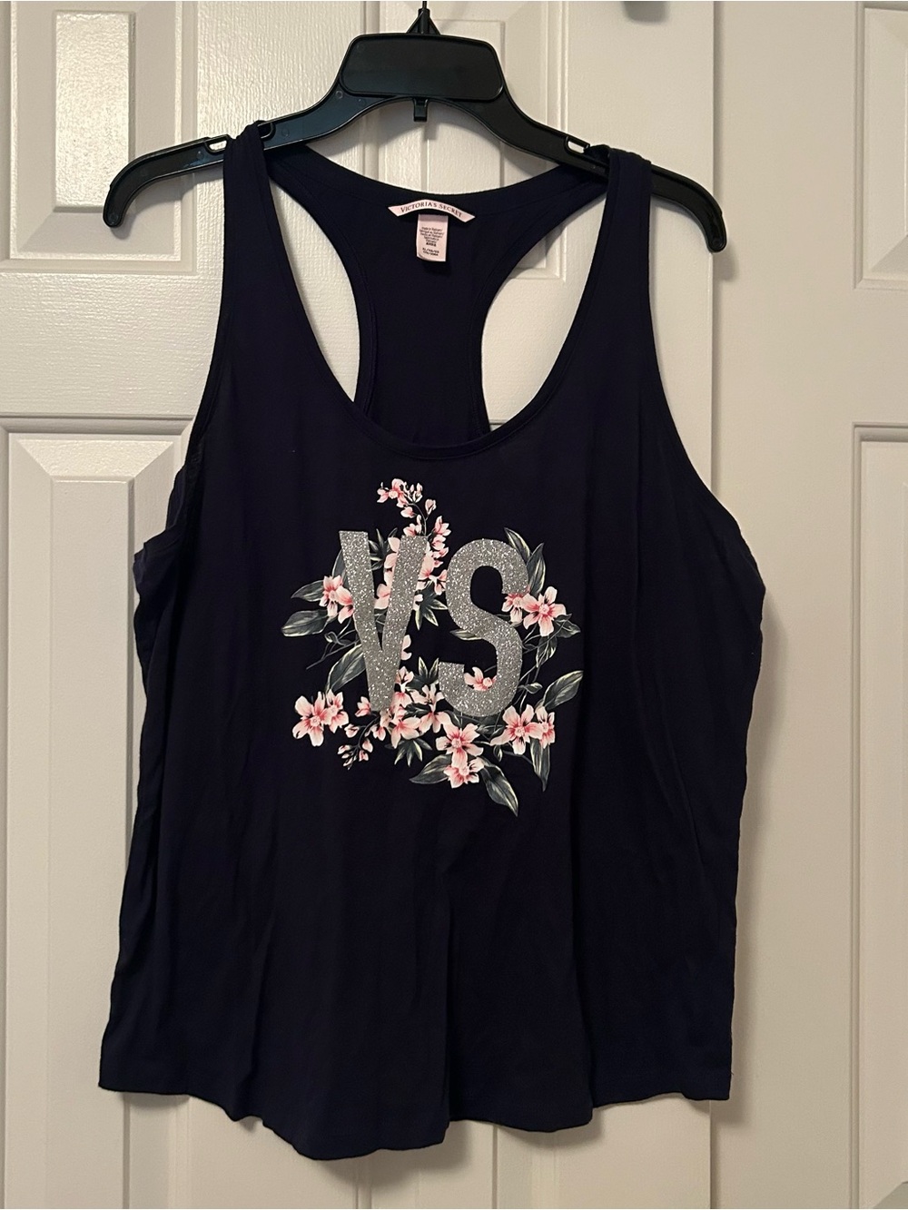 Victoria's Secret Navy Blue Floral Glitter VS Logo Casual Tank Top Women's XL